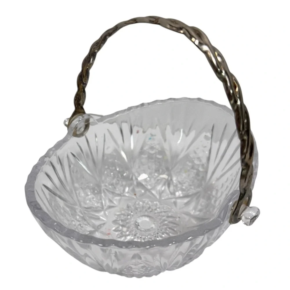Vintage Mikasa Cut Glass Crystal Basket Candy Dish Silver Tone Twisted Handle